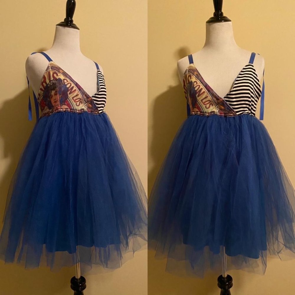 Blue Tulle Skirt Party Dress, Colorful Deep V Neck Patchwork Chest Dress, *M